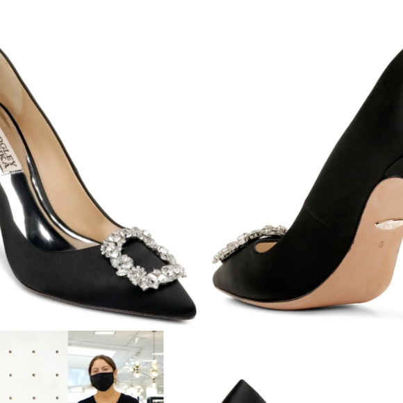 Black satin pointed toe heels with crystal brooch - BADGLEY MISCHKA - Picture 3 of 5